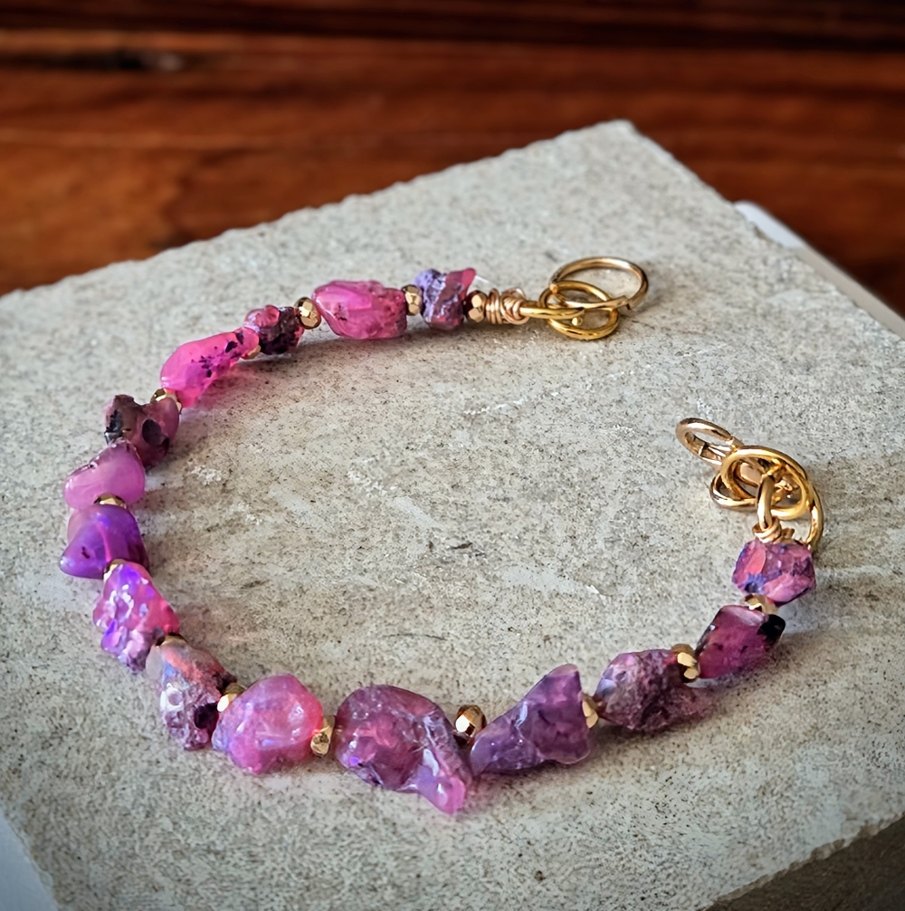 Nature's Raw Opulence Ethiopian Welo Pink Fire Opal Nuggets In Gold Bracelet